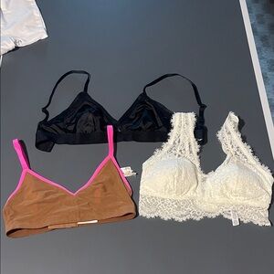 Aerie Lace and Satin Bralette Trio - Black, Cream, and Brown